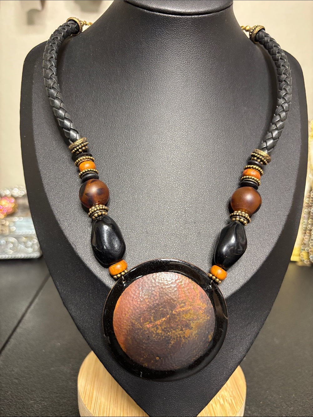 Chico’s Bohemian Black Brown Mixed Media Leather Statement Pendant Necklace